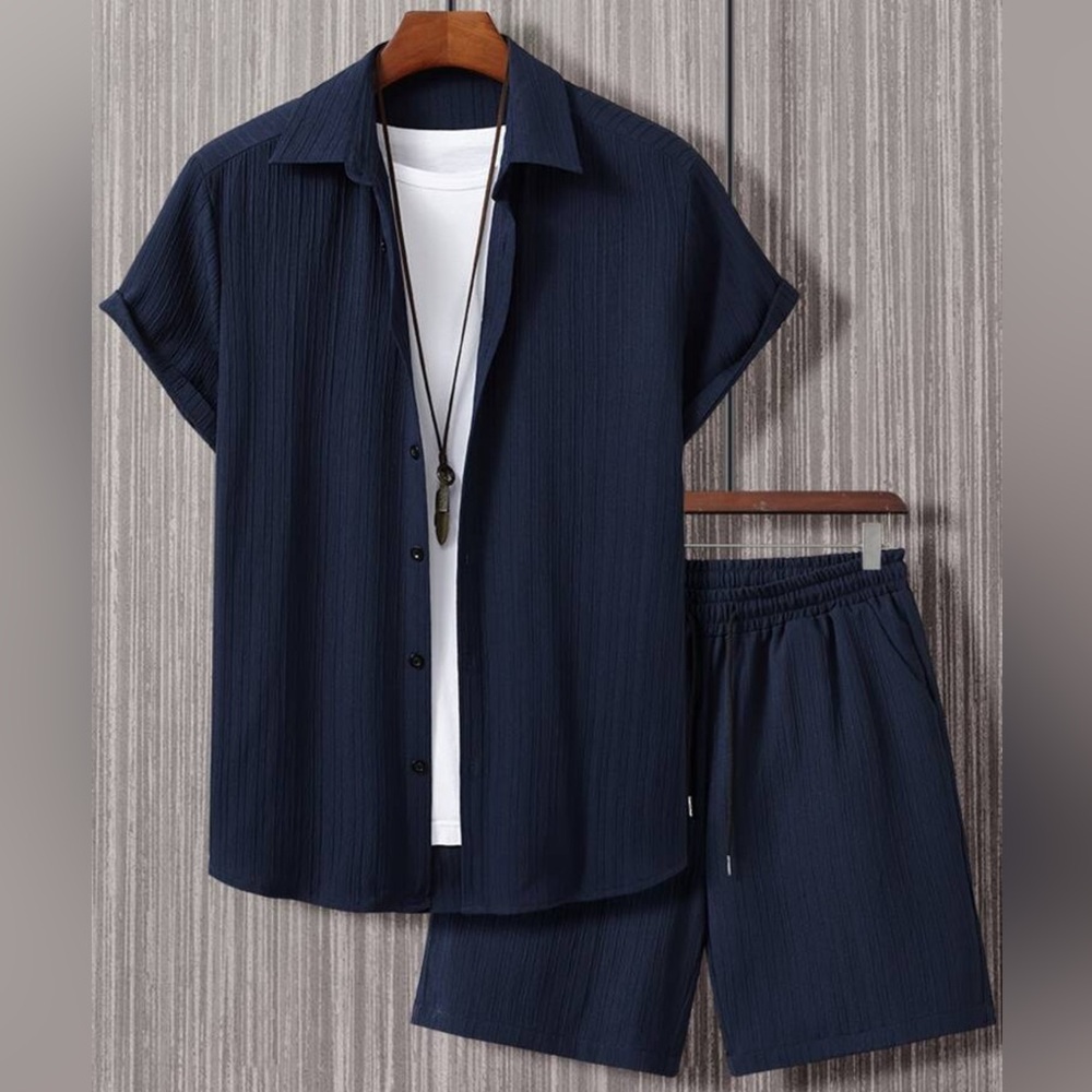 Navy Blue Short Sleeve Shirt and Shorts Set